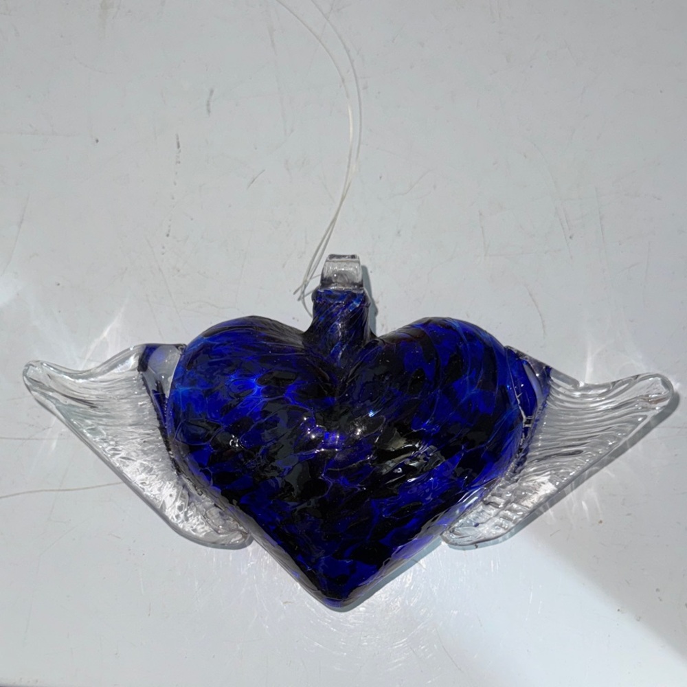 Blue Cobalt and Clear Glass Hanging Heart with Wings Handblown